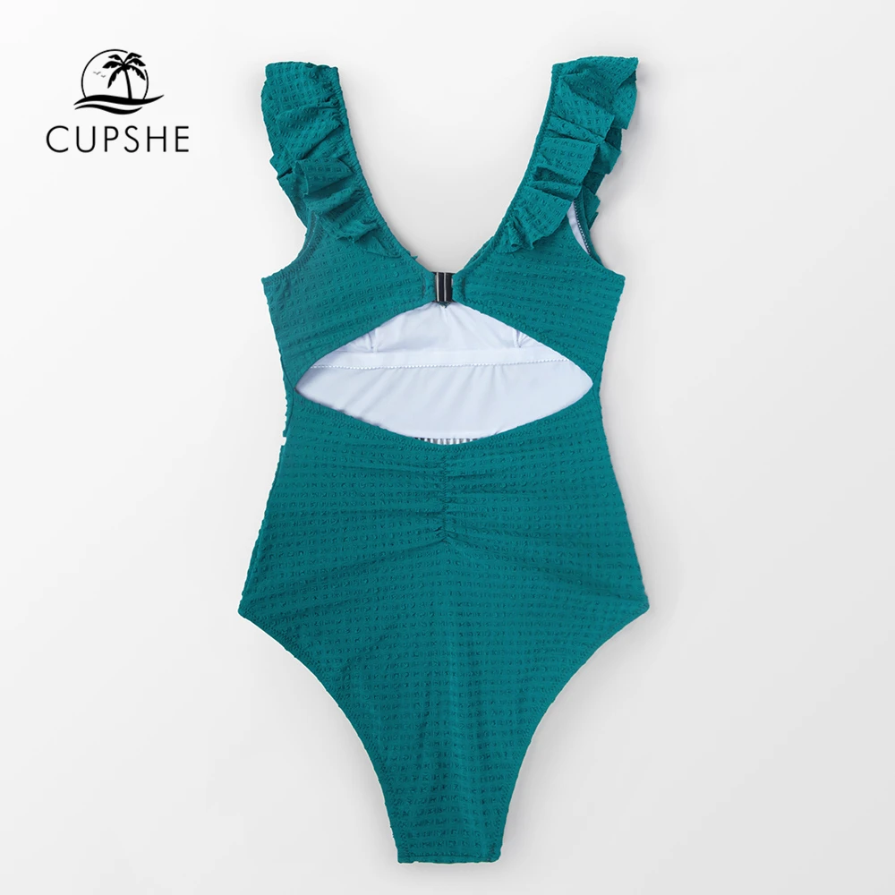 CUPSHE сплошной Бирюзовый гофрированный цельный купальник женский сексуальный