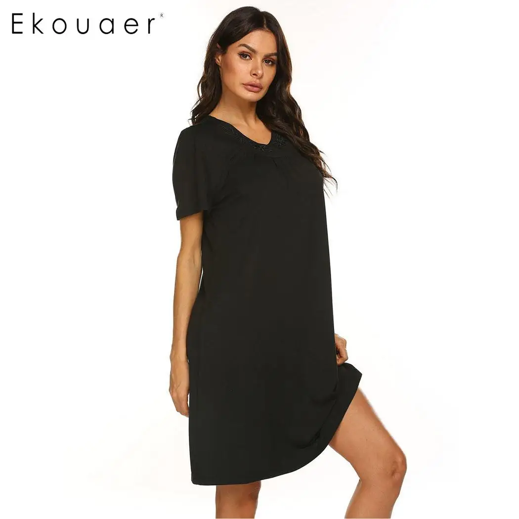 Ekouaer, женская летняя ночная рубашка, домашнее платье, пижама, однотонное, длинное, ночная рубашка с коротким рукавом, ночная рубашка, ночная рубашка, женская ночная рубашка