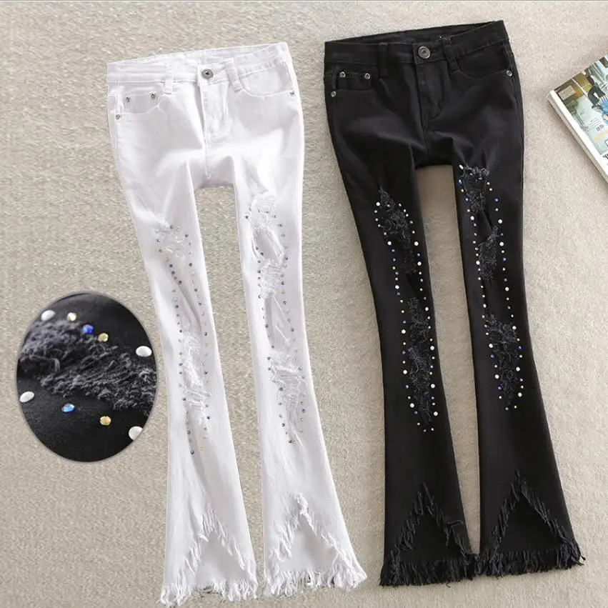 

diamond beading flare jeans European diamond beaded ankle jeans female hollow cut tassel diamond rhinestone trousers wq2214