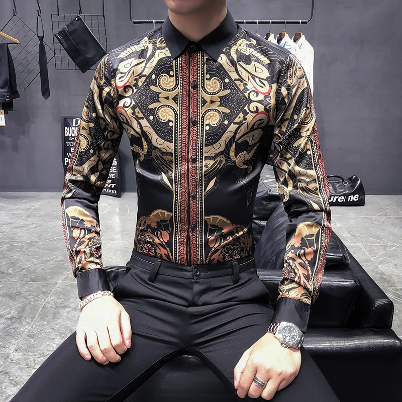 

Designer Clothes 2018 Baroque Shirts Mens Patterned Shirts Luxury Mens Party Shirts Gold Printed Camisa Masculina Slim Fit Club