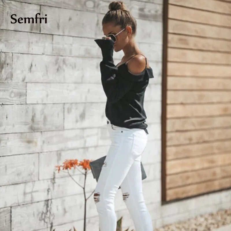 Sempi Женская Туника белая рубашка с открытыми плечами длинным рукавом Осенние