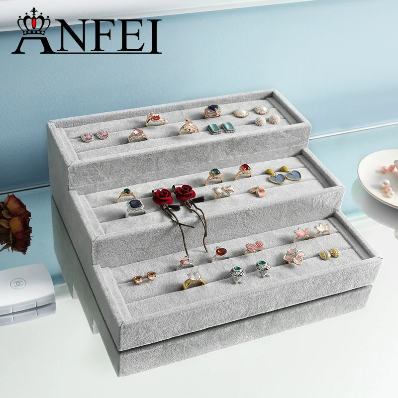 ANFEI Новый 3 слойный лоток для ювелирных изделий Подставка дисплея ледяной бархат