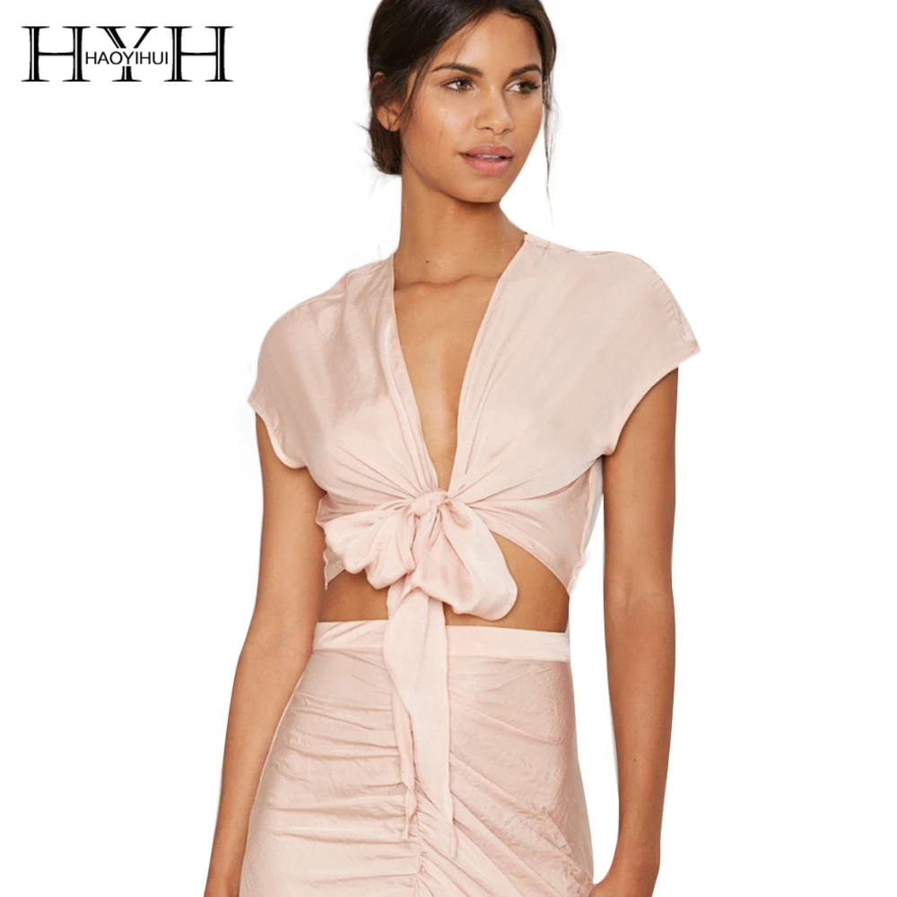 HYH HAOYIHUI Solid Pink Women Blouse Deep V-Neck Front Tie Short Sleeve Crop Tops Streetwear Sexy Casual Shirts For | Женская одежда