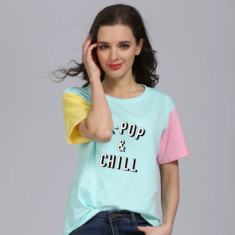 

KPOP Graphic Tshirts New Women T shirt Print Korean Fashion T-shirt Summer O-neck Short Sleeve Tops Casual Hit Colors Tee