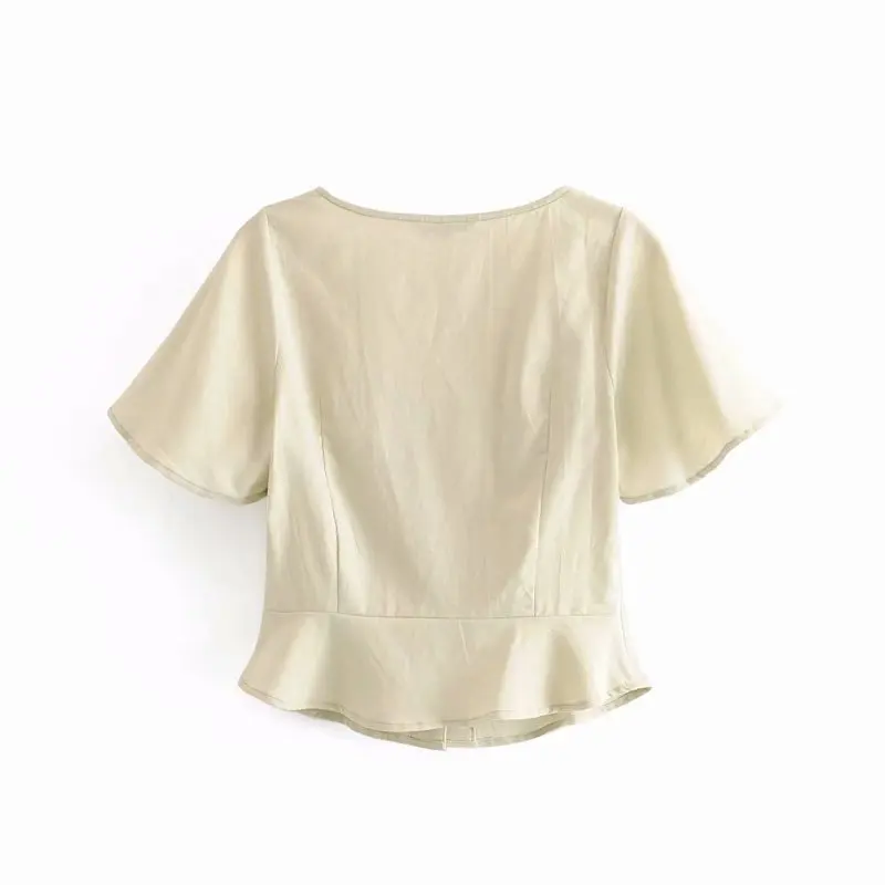Новинка 2019 женская простая льняная блузка с рукавом бабочкой однотонные Ретро