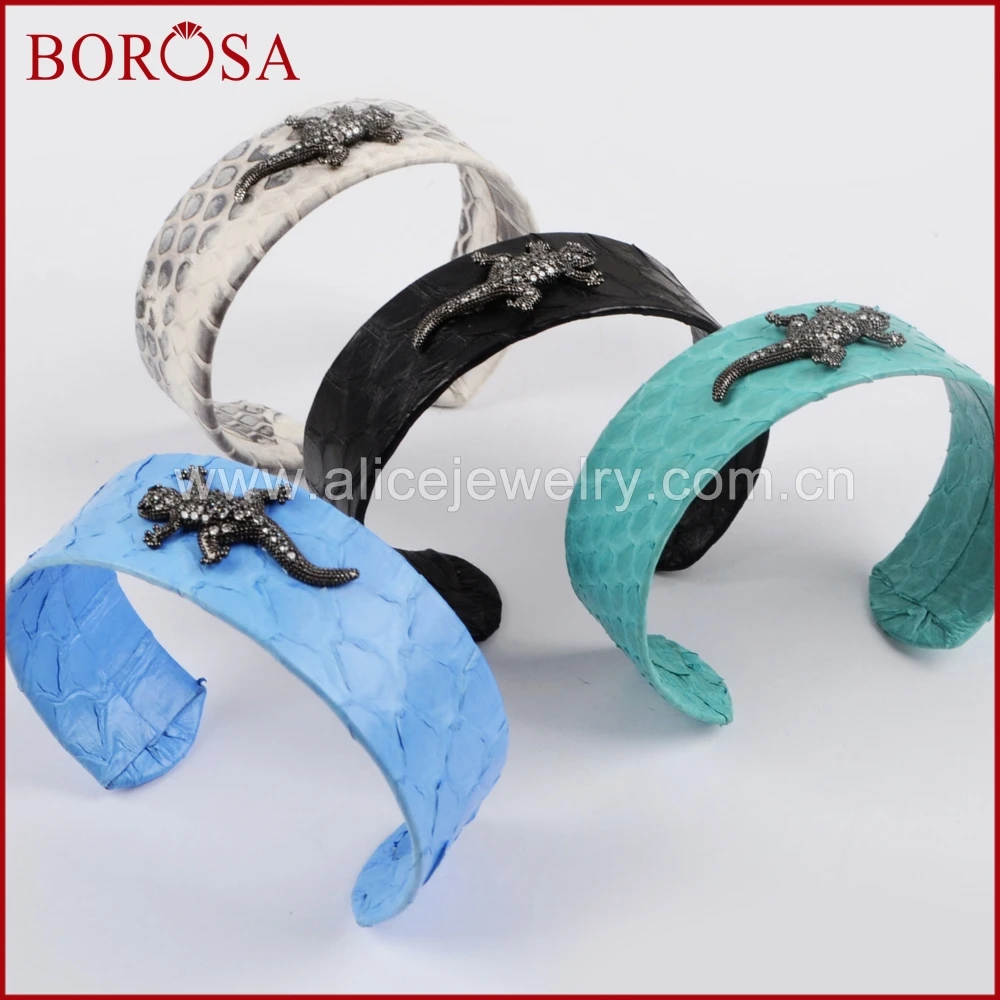 BOROSA дизайн Радуга змеиной кожи манжета камень CZ Кристалл Pave черный Gecko со