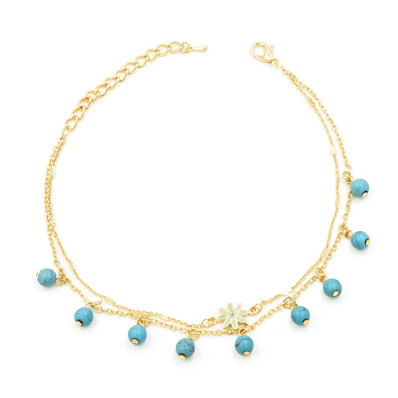 New Arrival Double Chain Turquise Beads Pendant Anklet Foot For Woman Summer Bracelet Charm Anklets Jewelry Gift | Украшения и