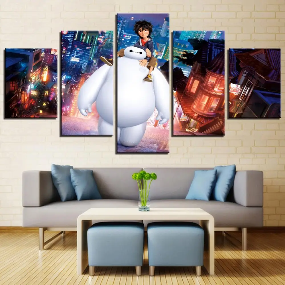 5 Pieces HD Cartoon Movie Big Hero in City Art Poster Frame Modern For Living Bedroom Kids Wall Decor Painting on Canvas | Дом и сад