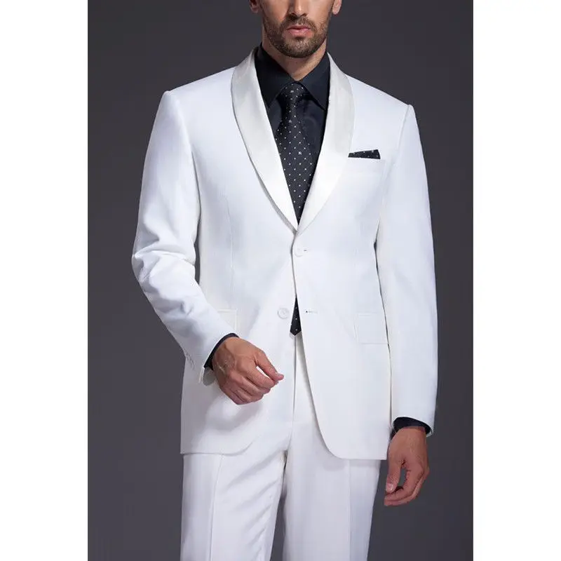 

Mens Suits Groomsmen Shawl Satin Lapel Groom Tuxedos White Wedding Best Man Suit Custom Made Suits A0201