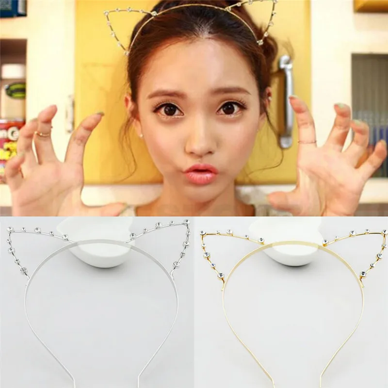 

Women Girls Cat Ears Pearl Rhinestone Alloy Headband Hair Band