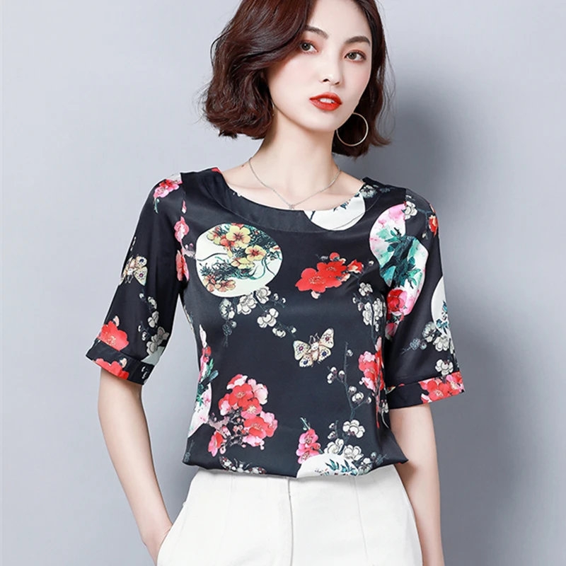 Корейские модные шелковые женские блузки атласные с цветочным принтом белые