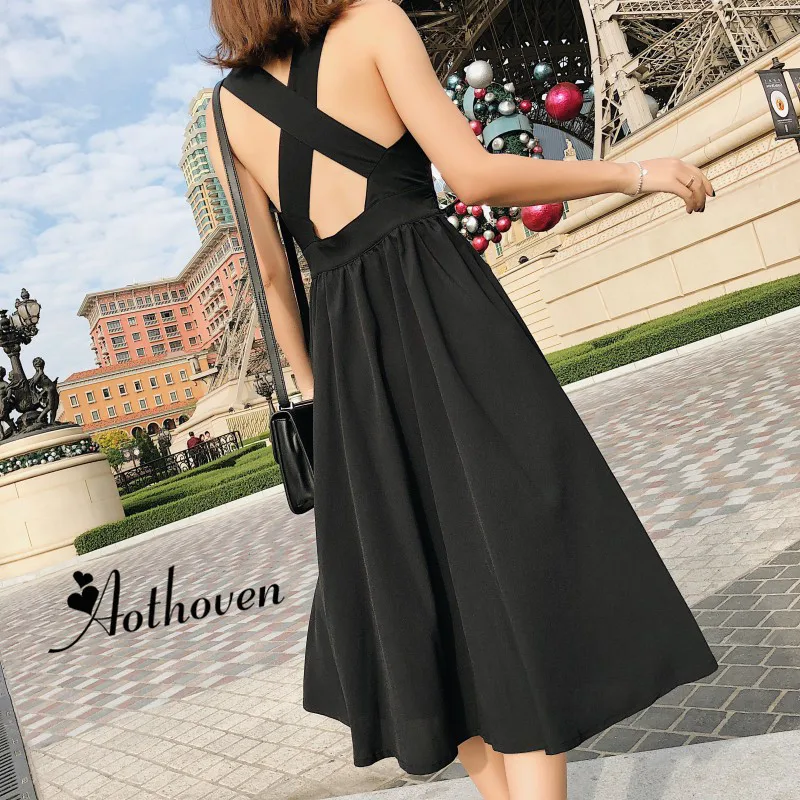 Женское летнее однотонное черное платье сарафан Пляжное повседневное свободное