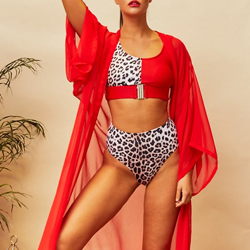 Misswim, леопардовое бикини с высокой талией,, с пряжкой, бандо, купальник, Женский раздельный купальник, сексуальный комплект бикини, бразильский купальник