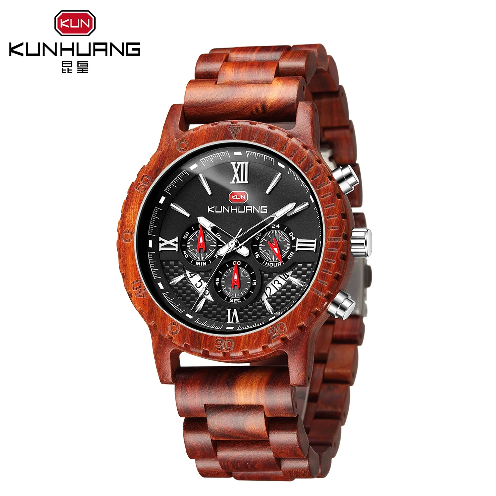 KH1014 kunhuang новые деревянные часы для мужчин, модный костюм из трех "кошачий глаз", шесть-контактный многофункциональные кварцевые часы мужские офисные часы