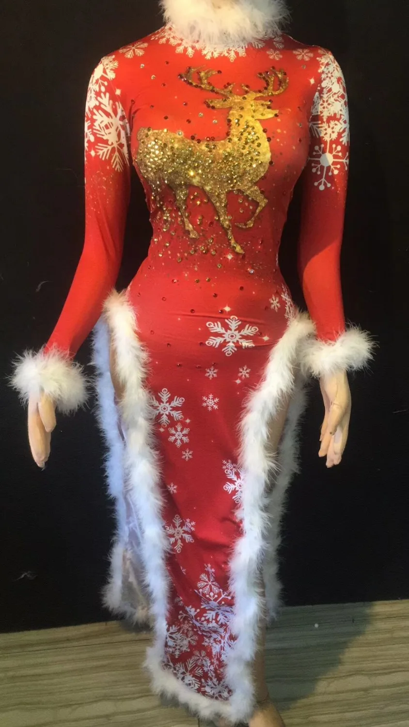 Рождественский стиль женские сексуальные красные кристаллы белый пух Cheongsam