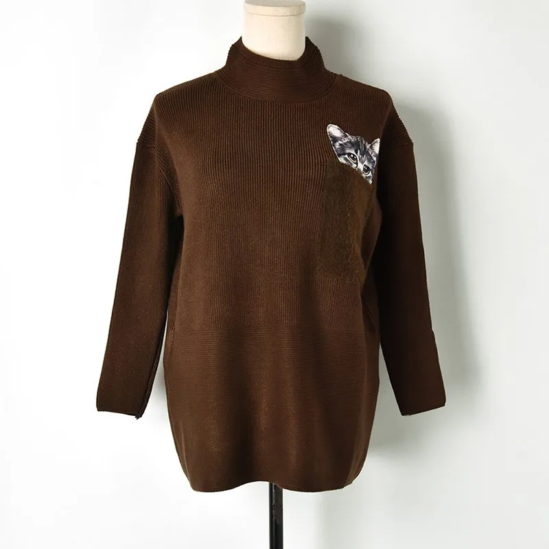 2018 Winter Pocket Cat Thick Turtleneck Sweater Womens Full Sleeve Warm Knit Female Fashion Causal Loose Pullover Tops | Женская одежда