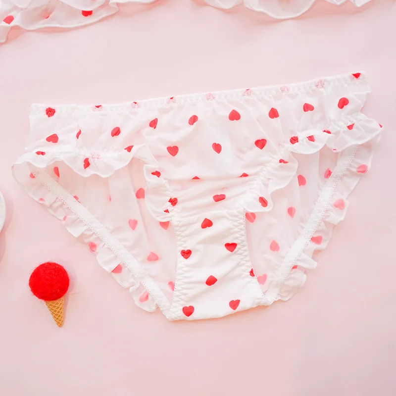 Милый японский молочный Шелковый бюстгальтер с красными сердечками и трусики