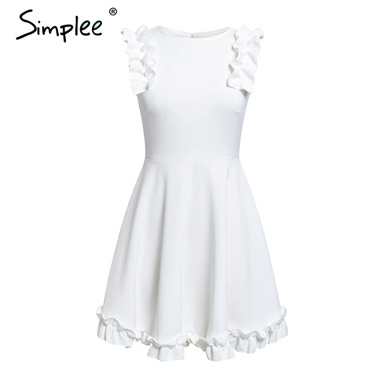 Белый Simplee Sexy ruffle backless wome dresses O neck sleeveless party summer spring white dress Casual elegant solid dress festa - Цвет: Белый