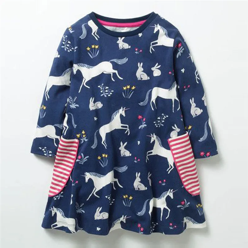 Jumping meters Long sleeve dresses girls clothes applique autumn kids dress for animals unicorn print | Детская одежда и обувь
