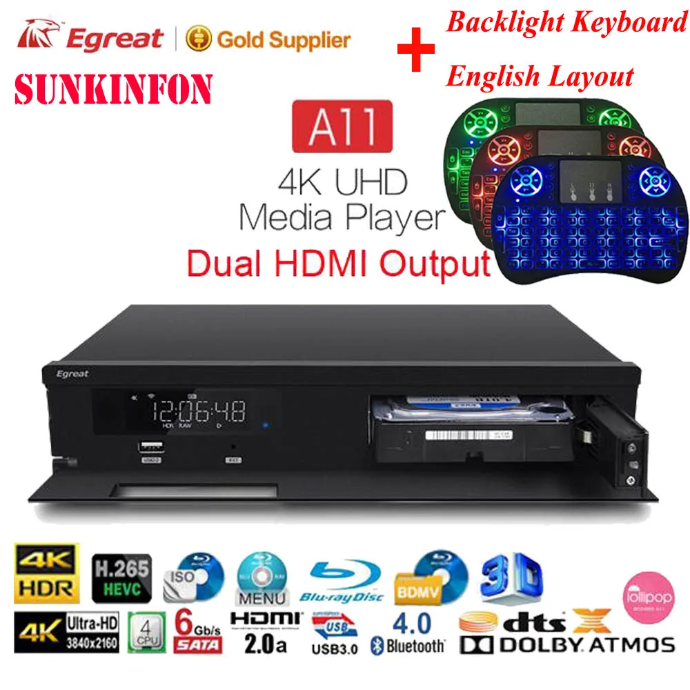 A11 Backlit English Egreat A11 3D 4K Blu-Ray HDD медиаплеер Bluetooth 4,0 2G/16G Android tv Box домашний кинотеатр HDR 10 2,4G/5G WiFi Dolby Atmos/DTS: X - Цвет: A11 Backlit English