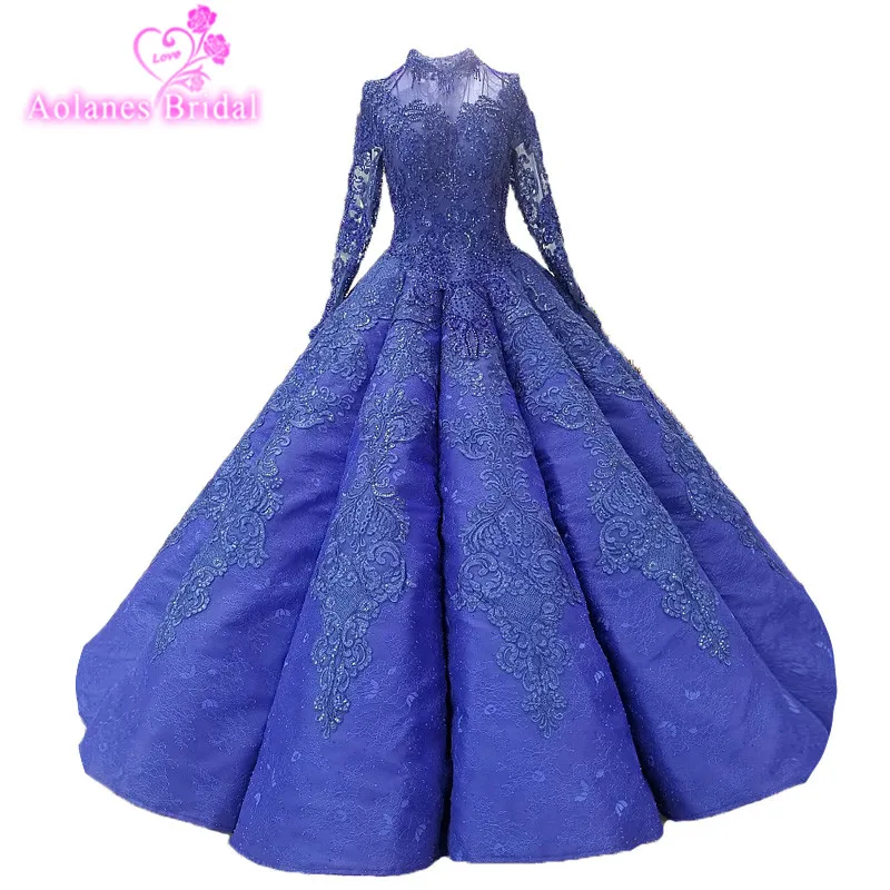 AOLANES 2018 Long Sleeves Royal Blue Lace Arabic Muslim Wedding Dresses O-neck Floor-length Waves Ball Gown Up Bridal | Свадьбы и