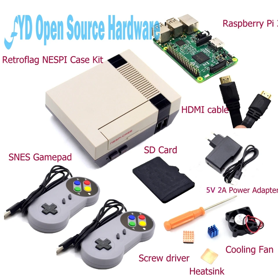 1 комплект чехол NESPI с картой Raspberry Pi 3 + 16 ГБ вентилятор 2 шт. геймпад SNES адаптер