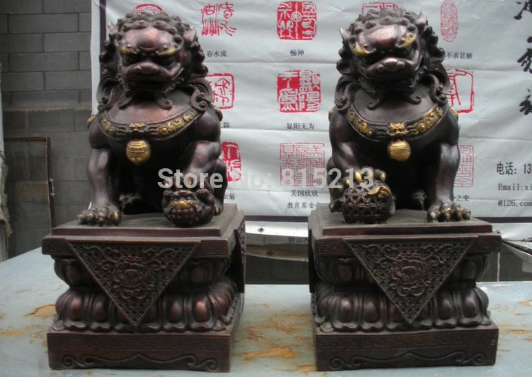 

FREE SHIPPING 17"China Royal Pure Red Bronze Palace Evil Door Fu Foo Dog Lion Statue Pair 42CM HEIGHT