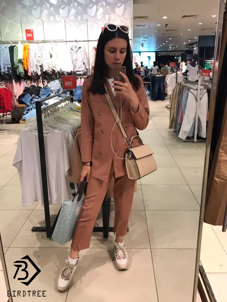 

Women's Office Lady Two Pieces Set Solid Elegant Double Breasted Turn-Down Collar Blazers Trouesrs With Sashes New Suits S88713Y
