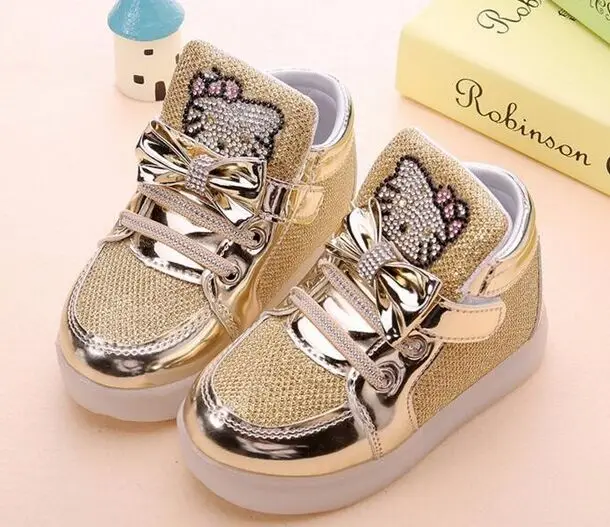 Children Shoes 2018 New Spring Hello Kitty Rhinestone Led Girls Princess Cute With Light EU 21-30 | Детская одежда и обувь