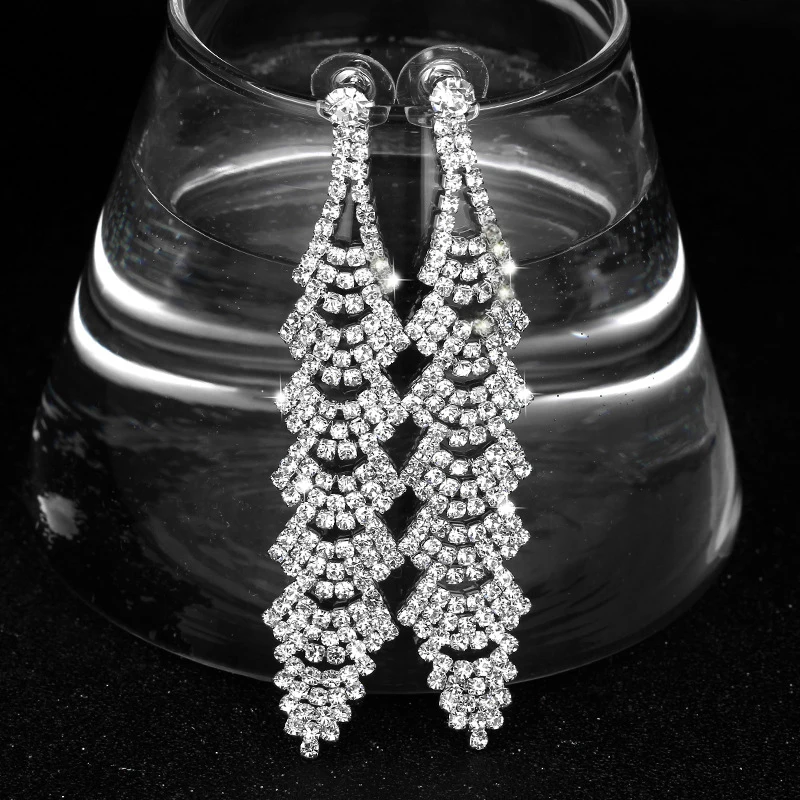 Длинные висячие Кристальные свадебные серьги для женщин серебряного цвета