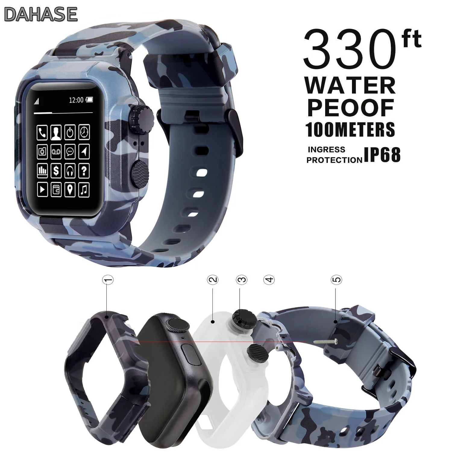 Водонепроницаемый силиконовый чехол IP68 ДЛЯ Apple Watch Band 42 мм 44 камуфляжный сменный