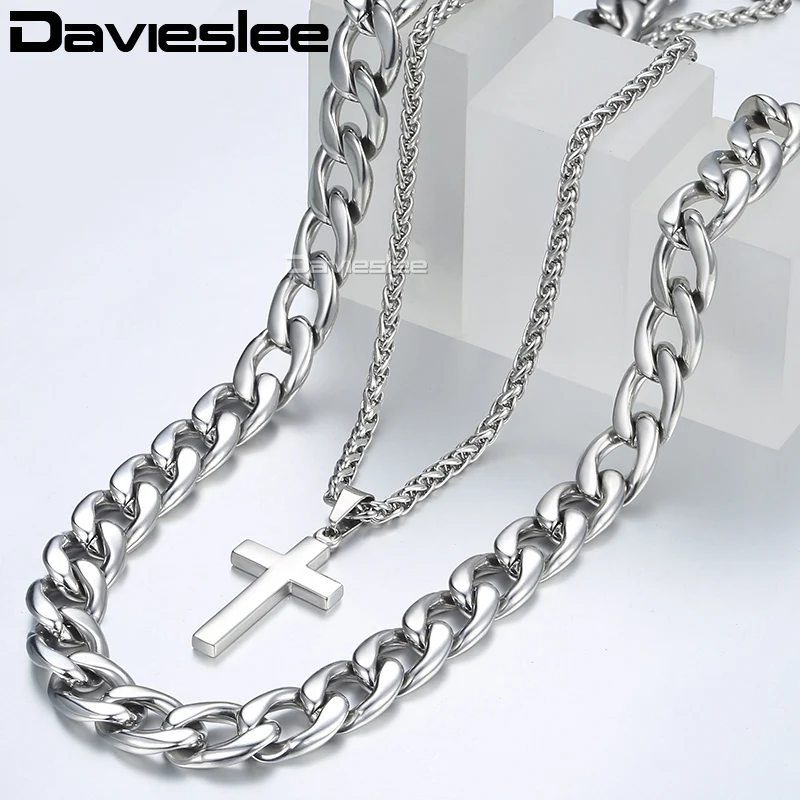 Davieslee Necklace For Men Silver Stainless Steel Cuban Wheat Link Chain Cross Pendant 2018 Jewelry 13mm 24inch LDN01 | Украшения и