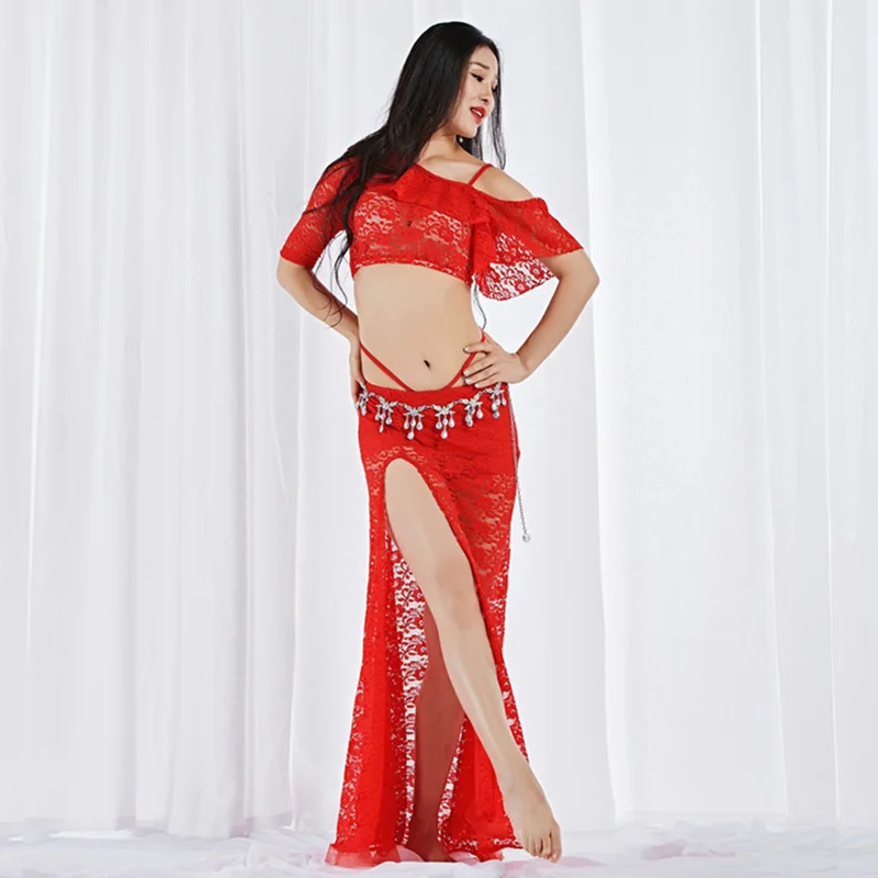 2 Pieces Women Belly Dance Costume Lace Top Long Skirt Sexy Outfits Dancewear Elastic Off shoulder Dancing Clothes Dancer Wear