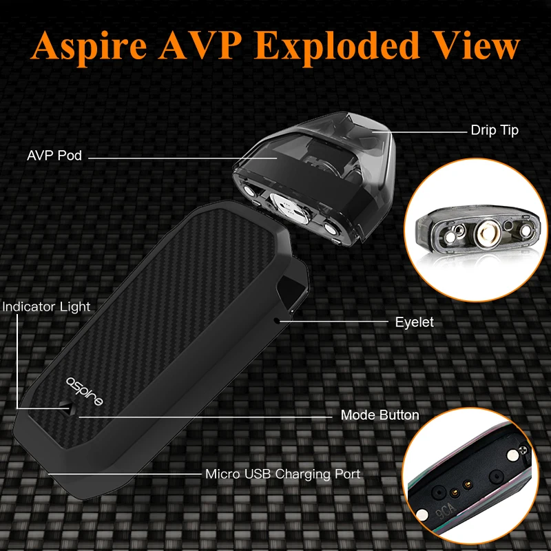 Электронная сигарета Aspire AVP AIO MTL стартовый комплект Pod Vape 2 мл емкость и 1,2 Ом катушка встроенный аккумулятор 700 мАч