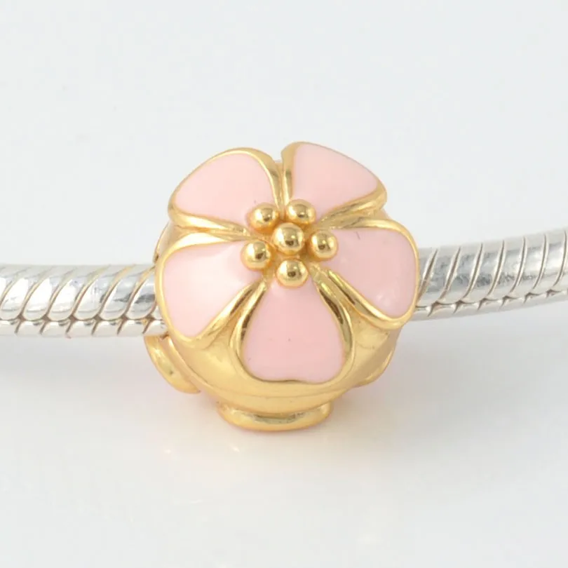 925 Sterling Silver Gold Plated Pink Cherry Blossom Clip Charm Beads Fits Original European Bracelets DIY Jewelry For Women | Украшения и