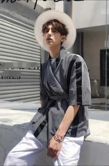 

Original wind short sleeve shirt men's summer Korean version of the trend in the long stripe inch shirt