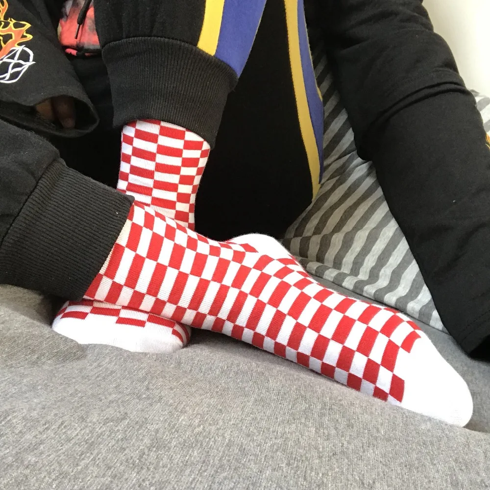Носки мужские клетчатые в Корейском стиле Харадзюку полосатые квадратные черные