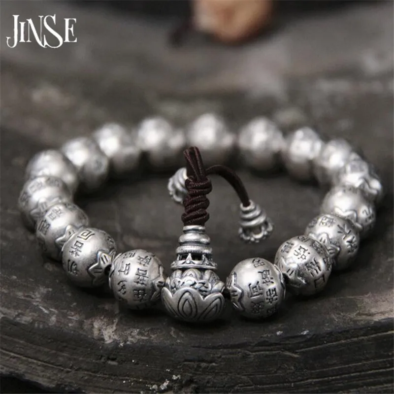 JINSE Traditional 925 Silver Buddhism Thai Bracelet Men Mantras Heart Sutra 12mm Beads Charms Wholesale 64G | Украшения и