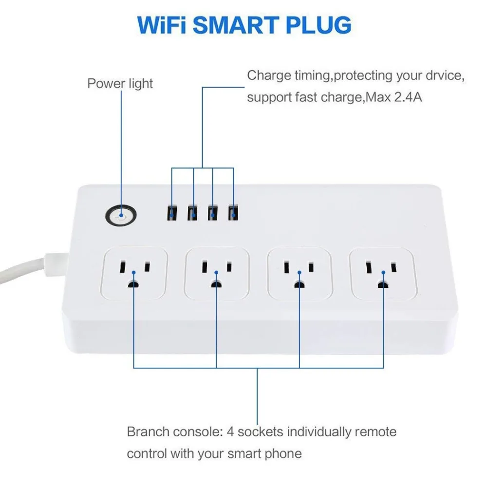 Умный удлинитель Wi Fi Alexa стабилизатор напряжения с 4 USB портами для зарядки и