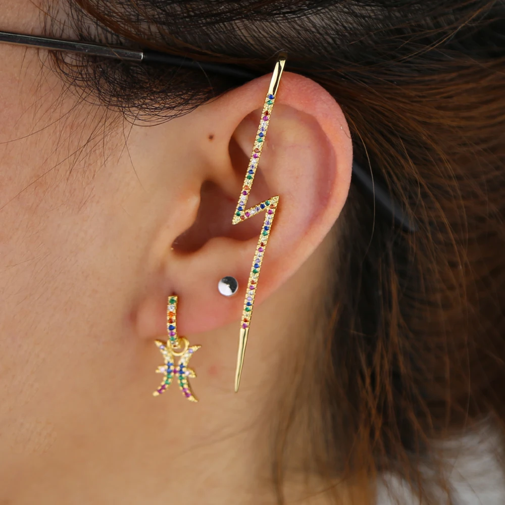 2020 новый молния болт длинный клип серьги-манжеты Белый Радуга кубического