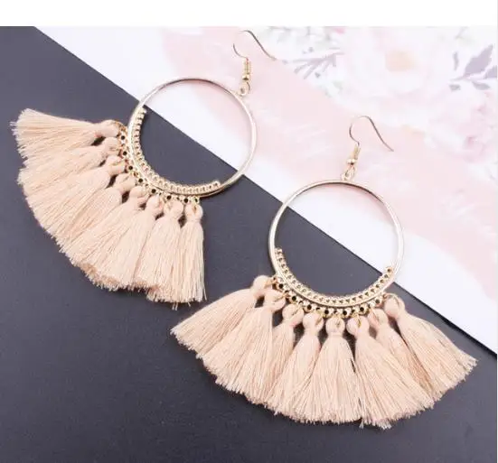 Style 16 HIYONG, женские серьги с кисточками, 17 цветов, этнические большие висячие серьги, богемные модные ювелирные изделия, трендовые длинные висячие серьги с хлопковой веревкой и бахромой - Окраска металла: Style 16