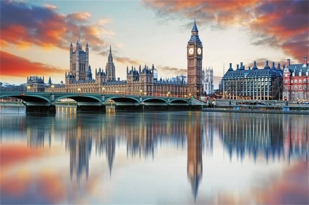 Laeacco City Clock Tower Bridge River фотофоны виниловые цифровые индивидуальные для