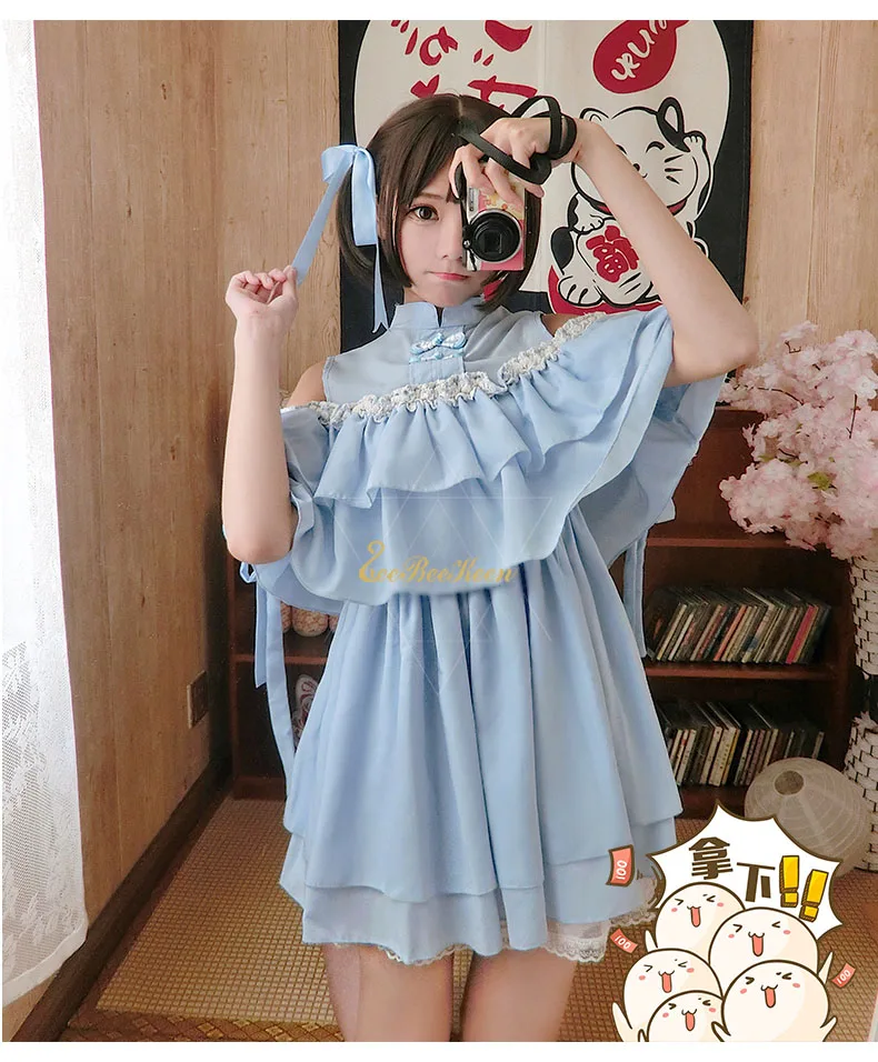 Голубое платье в стиле Лолиты для взрослых Hanfu для женщин, милый китайский костюм для девочек, шифоновая Милая юбка в стиле «лолита» с открытыми плечами в стиле «Хан Тан»