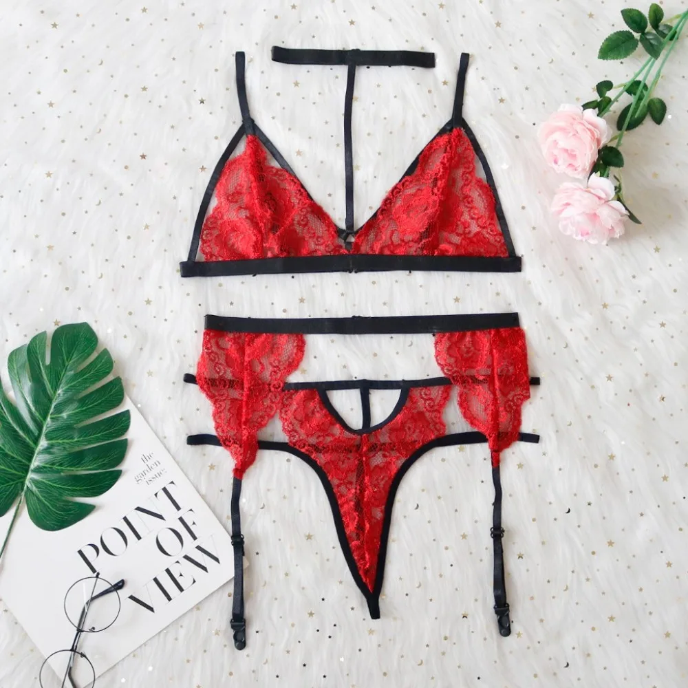 Fashion New Women V-neck Lace Sexy Underwear Bra Thong With Garter Set Lingerie Dress Sexy Underwear Nightwear G-string J11