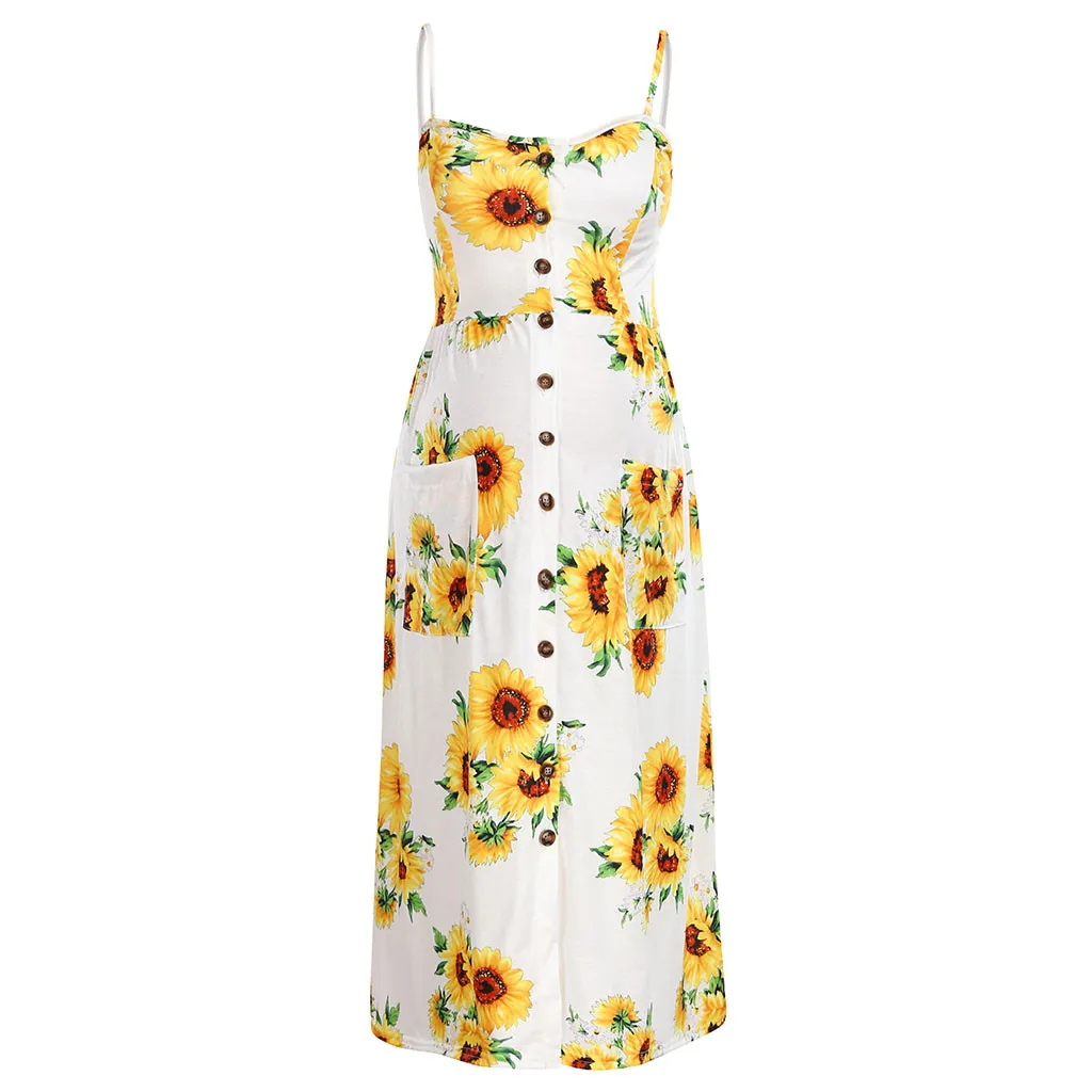 Новинка 2018 летнее платье с принтом подсолнуха для женщин до середины икры