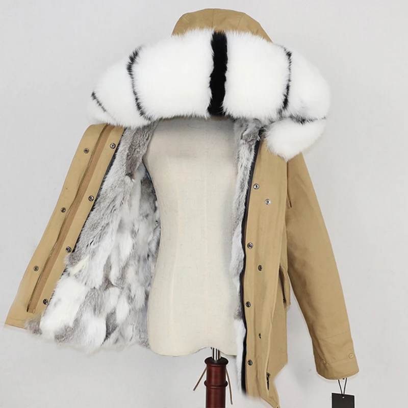 camel white stripe OFTBUY, зимняя женская куртка, пальто с натуральным мехом, парка с воротником из натурального меха енота, Толстая теплая подкладка из кроличьего меха, уличная одежда, новинка - Цвет: camel white stripe
