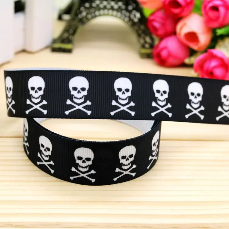 

7/8'' Free shipping skull printed grosgrain ribbon hair bow headwear party decoration wholesale OEM 22mm H5199