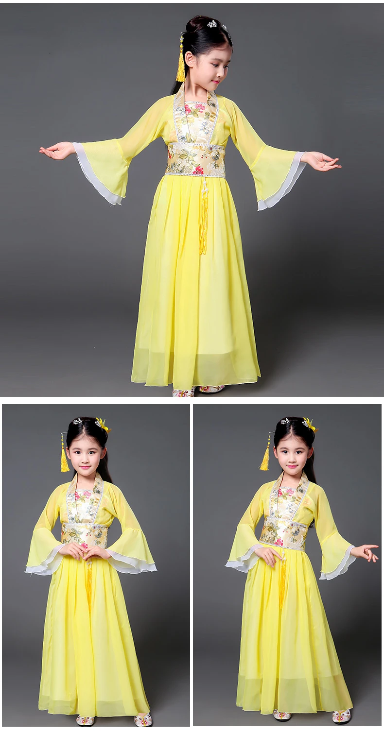 Hanfu древний китайский традиционный костюм для девочек, сценическое платье для танцев, Женский костюм феи в народном стиле, костюм Танга для детей