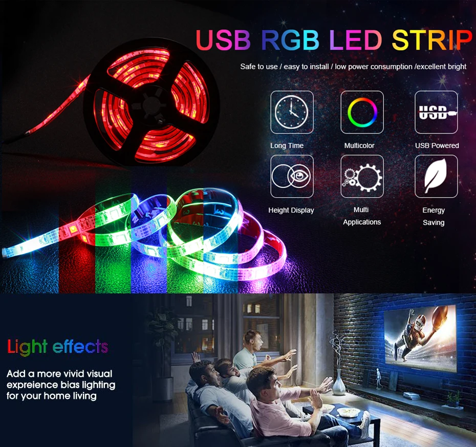 USB Светодиодная лента DC5V с регулируемой яркостью, водонепроницаемый RGB 5V SMD 5050, 10 кнопок, Радиочастотный пульт дистанционного управления, ТВ-фон, красочный светильник для компьютера