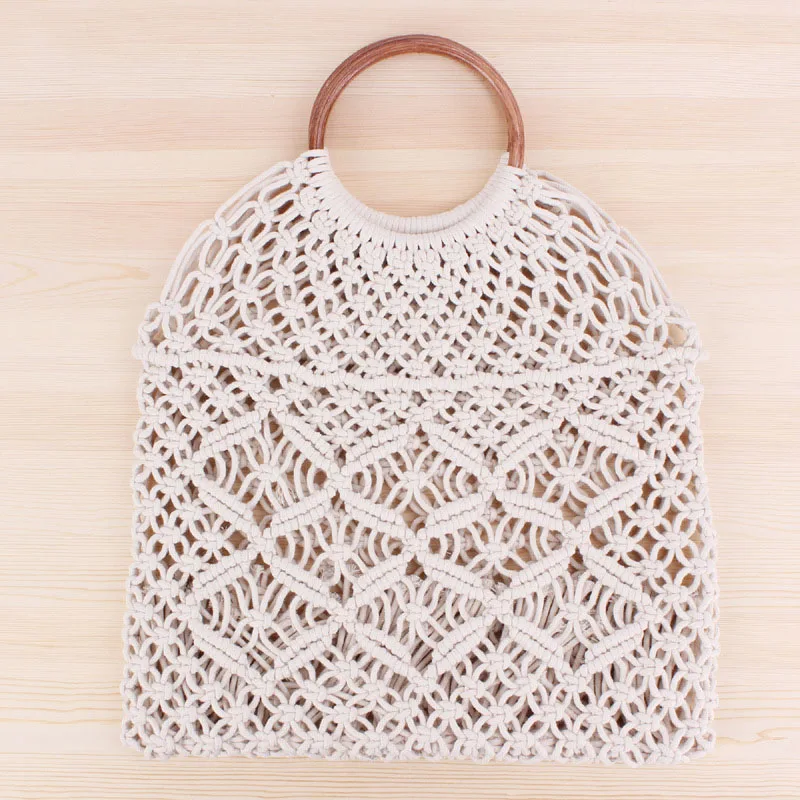 Beige Net bag Тканая женская сумка, Сетчатая Сумка ручной работы, летние соломенные пляжные сумки в богемном стиле, Женский сетчатый карман, открытая круглая ручка, сумка-тоут, Сетчатая Сумка - Цвет: Beige Net bag